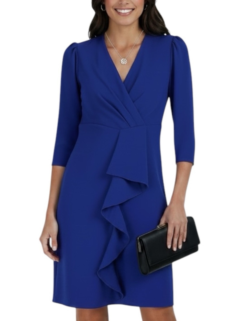 NWT JULIA JORDAN Blue Surplice V-Neck 3/4 Sleeve Ruffle Front Lined Dress Size 8